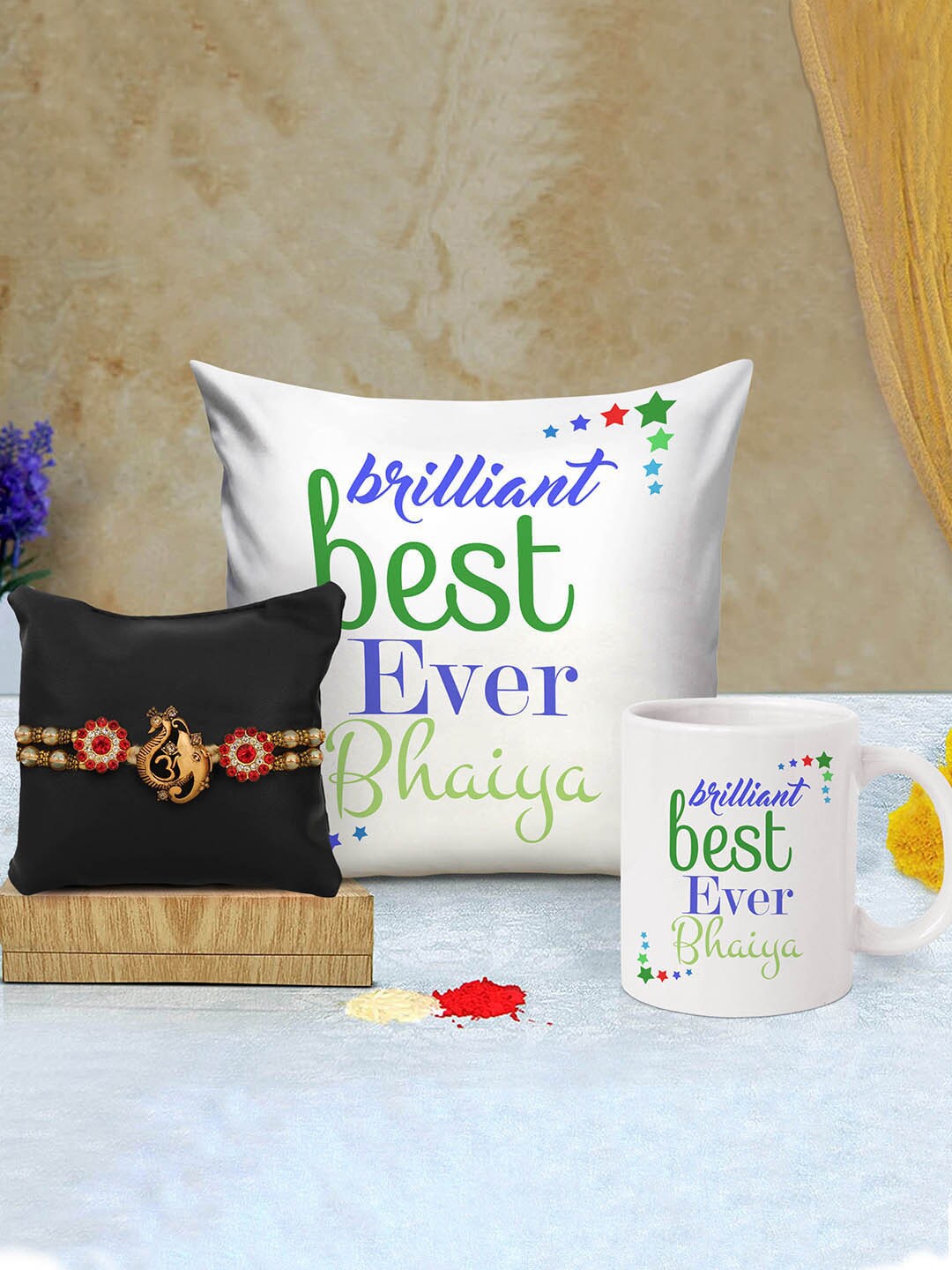 

TIED RIBBONS Rakshabandhan Special Designer Rakhi Cushion with Filler & Mug, White