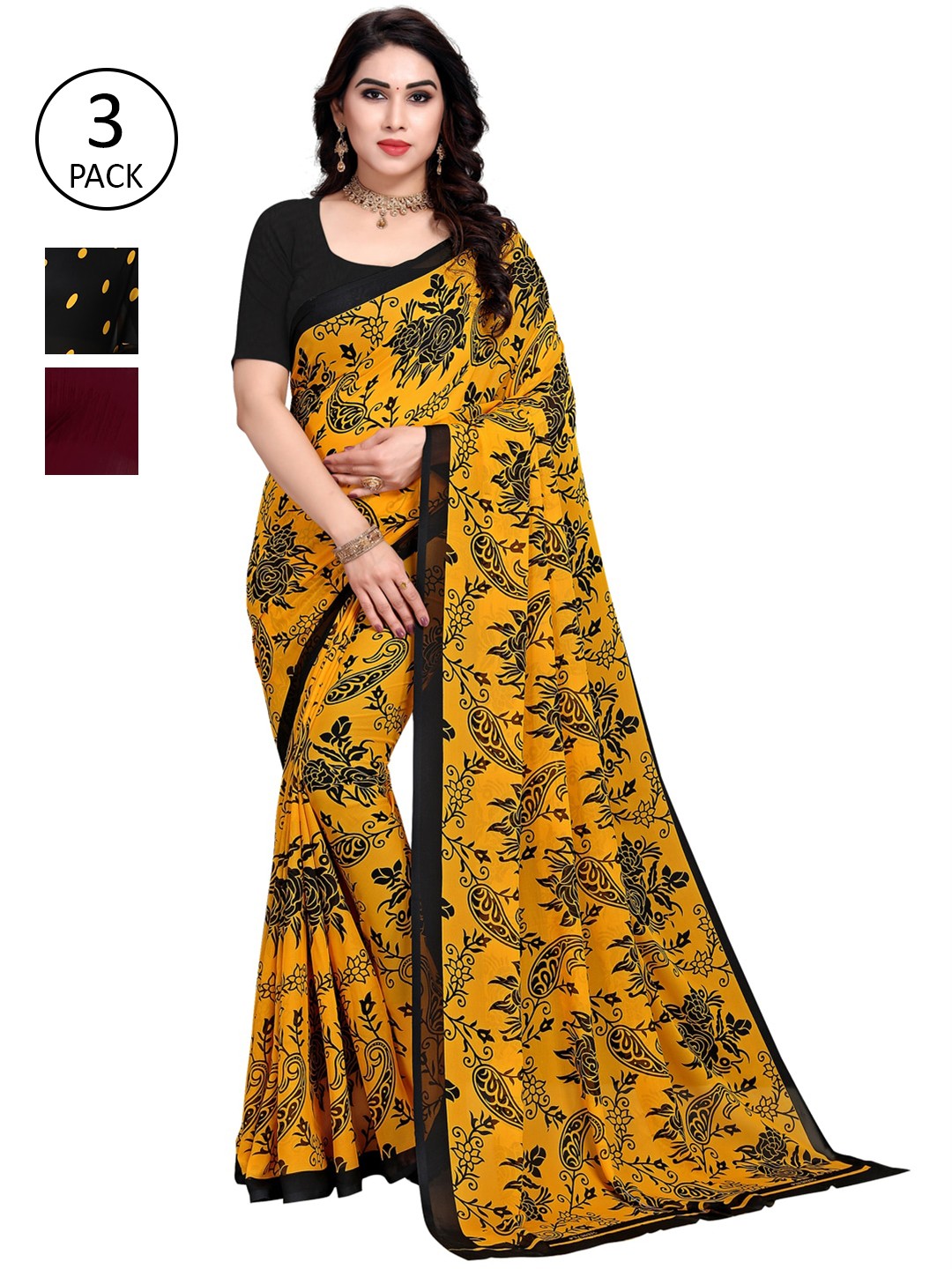

KALINI Pack Of 3 Printed Sarees, Yellow
