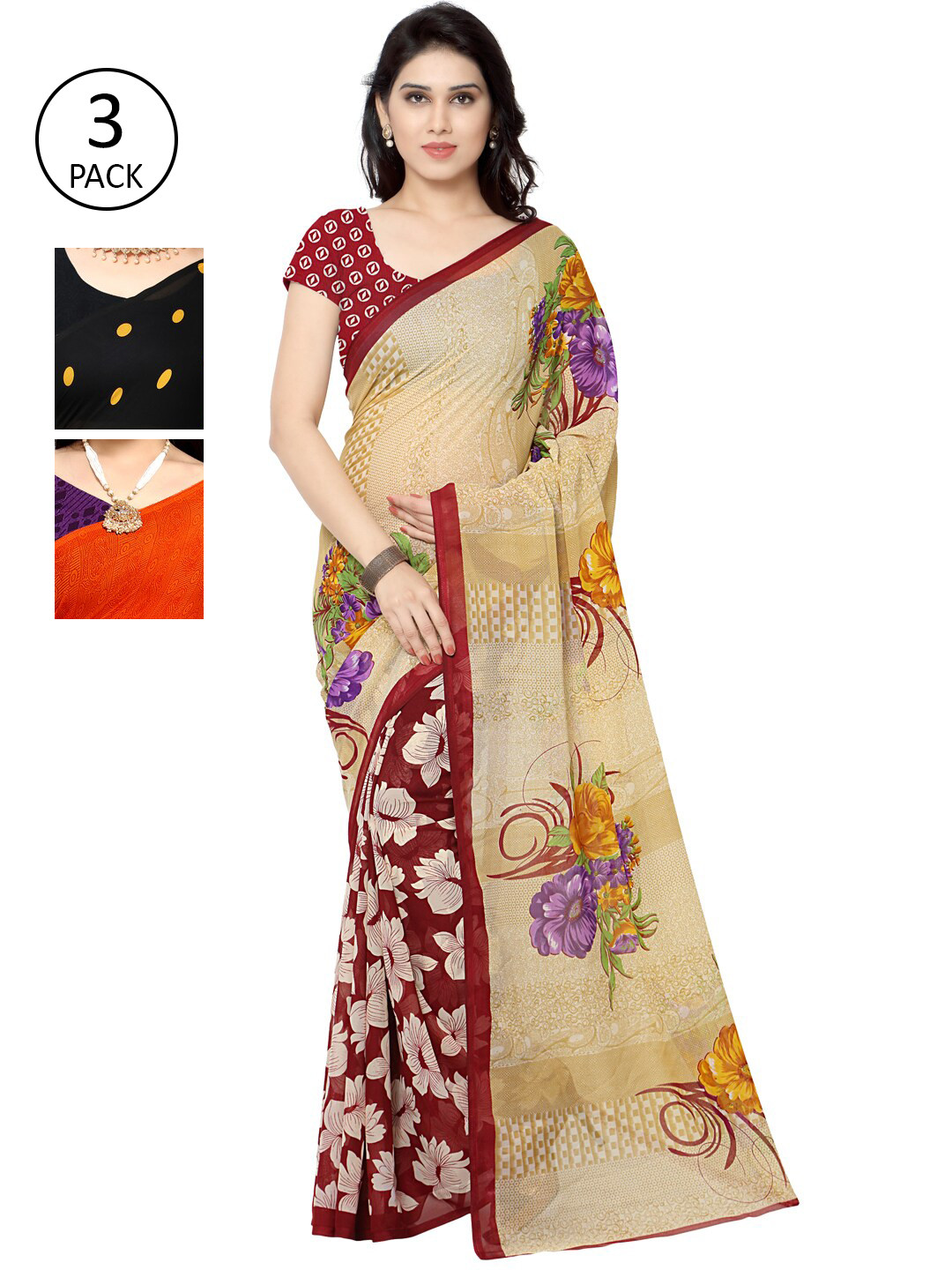 

KALINI Pack Of 3 Yellow & Beige Saree