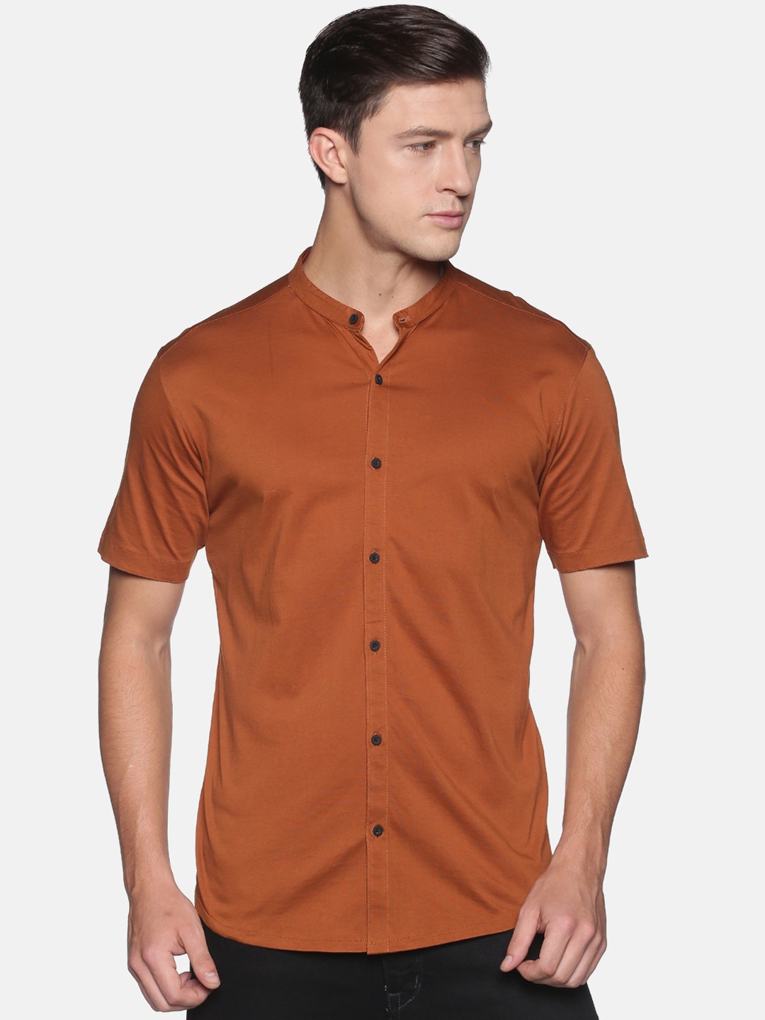 SHOWOFF Men Coffee Brown Slim Fit Mandarin Collar Cotton Casual Shirt