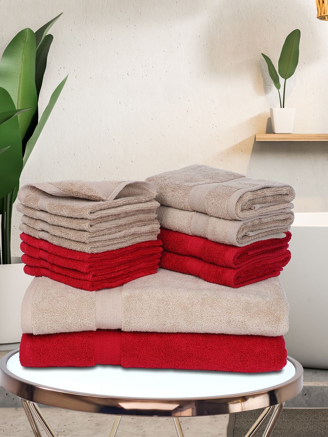 

BIANCA Red & Beige 14-Pieces Solid 500 GSM Towel Set