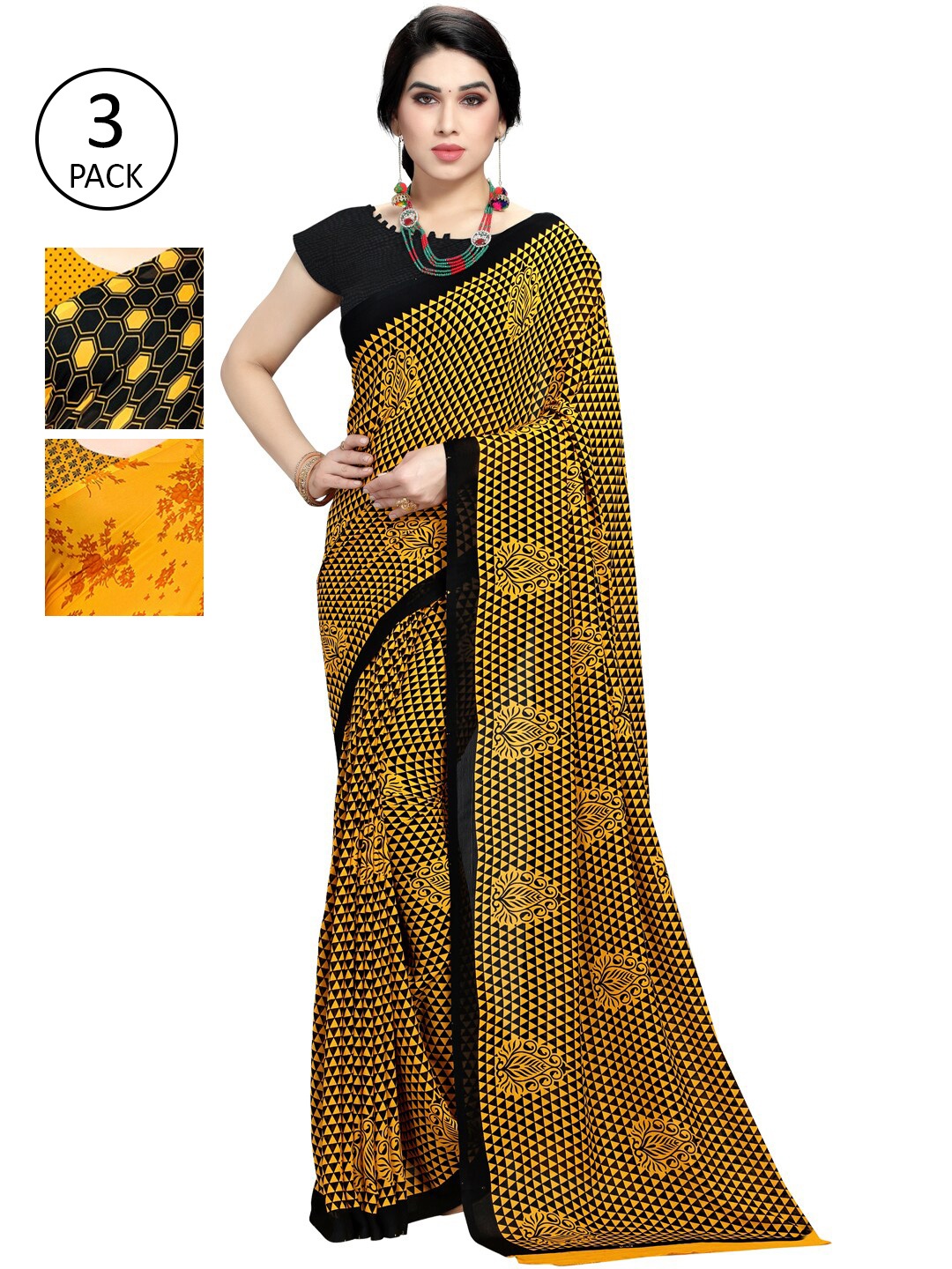 

KALINI Pack of 3 Poly Georgette Saree, Yellow