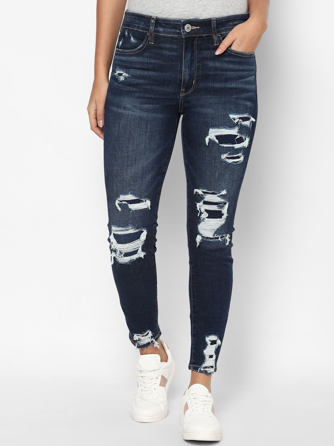 

AMERICAN EAGLE OUTFITTERS Women Blue Slim Fit Highly Distressed Light Fade Jeans