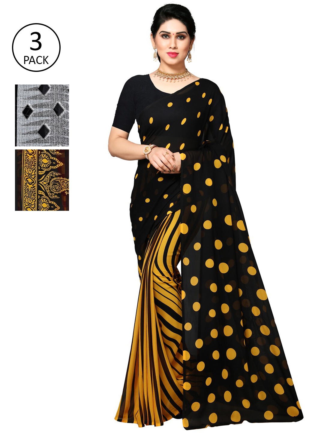 

KALINI Multicoloured Set of 3 Poly Georgette Saree, Multi