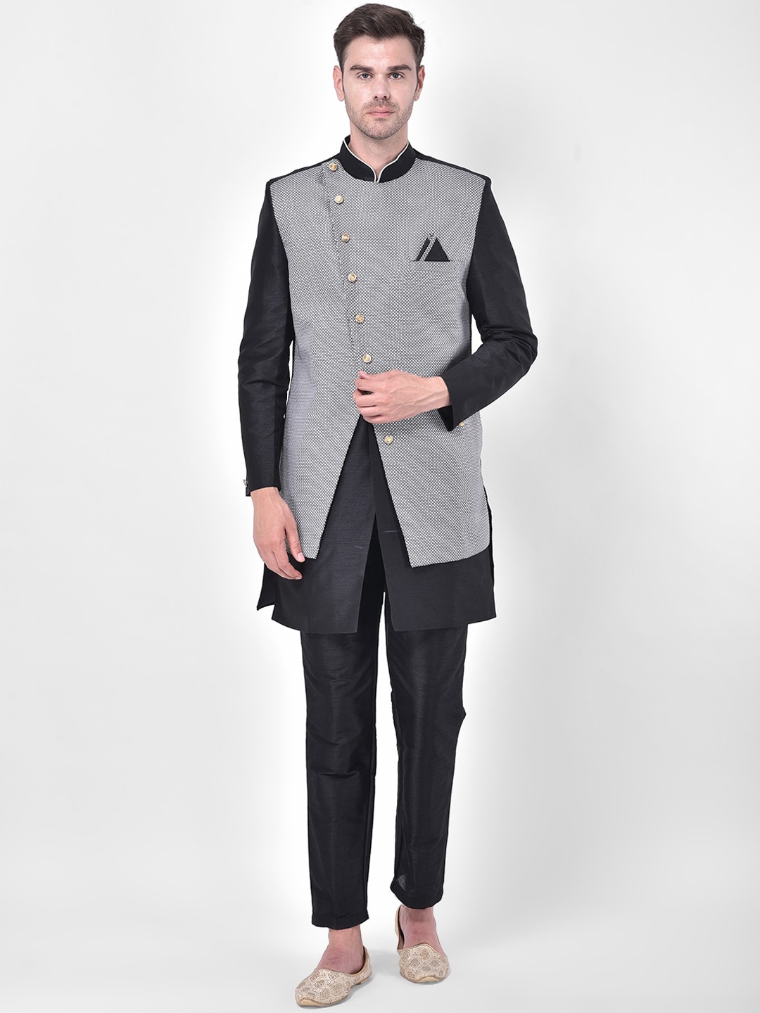 SG RAJASAHAB Men Silver & Black Silk Sherwani