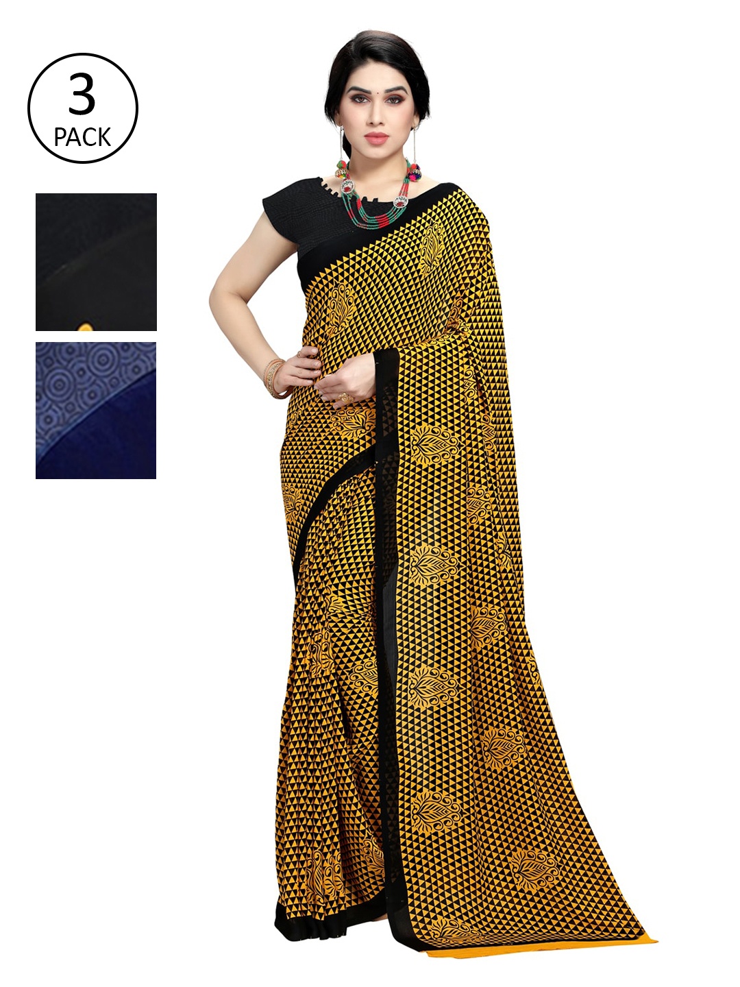 

KALINI Black & Yellow Pack of 3 Saree