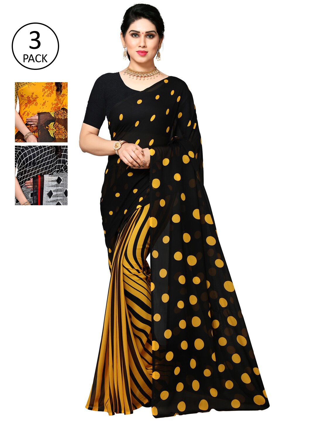 

KALINI Pack of 3 Poly Georgette Sarees, Black