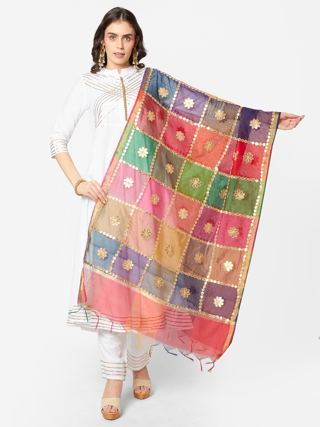 

Dupatta Bazaar Red & Orange Embroidered Dupatta with Gotta Patti