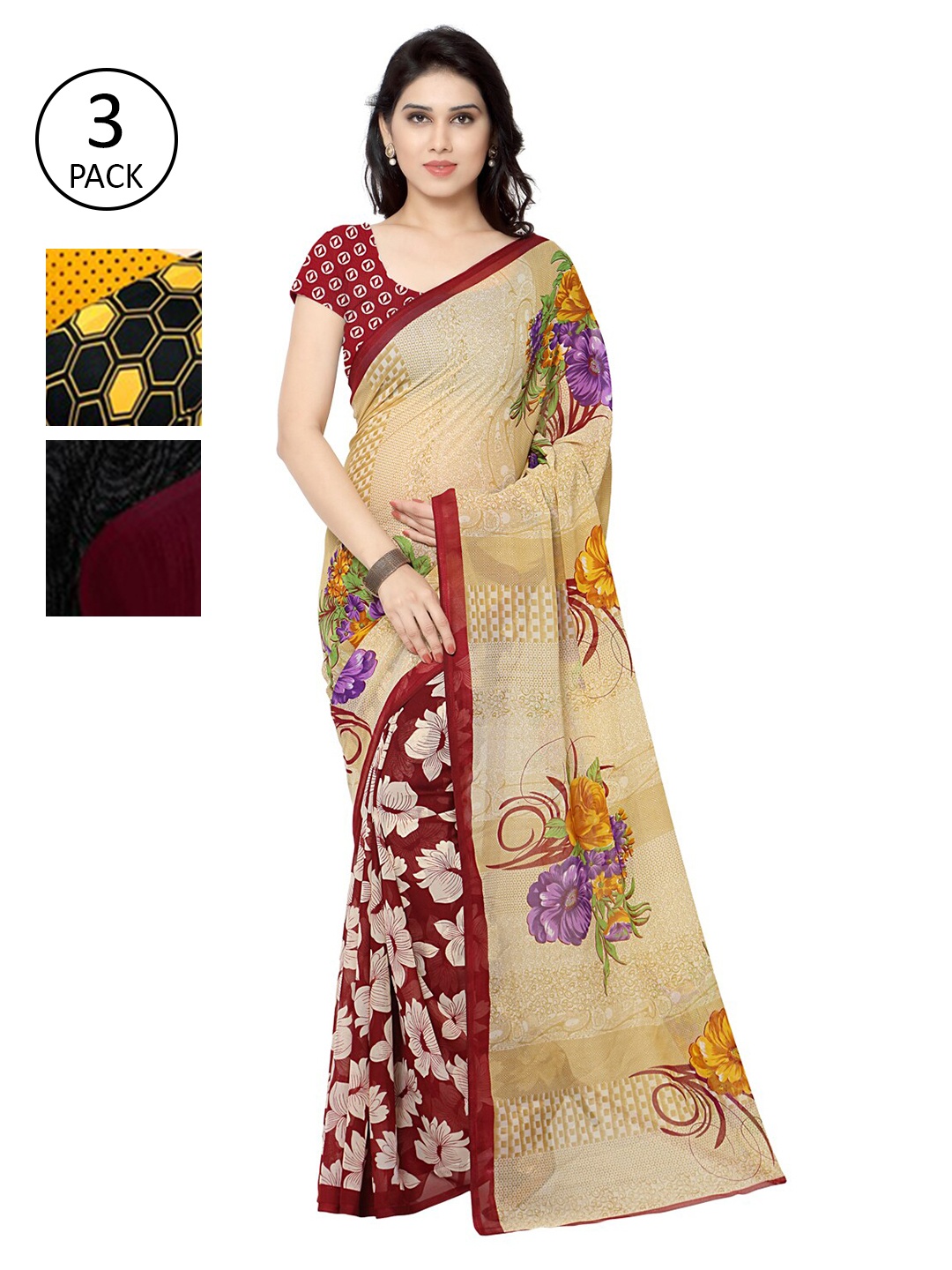 

KALINI Pack of 3 Poly Georgette Sarees, Yellow