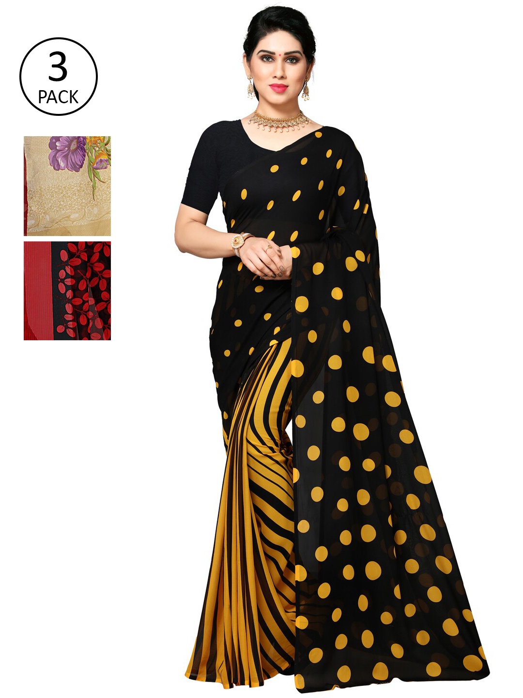

KALINI Black & Yellow Pack of 3 Printed Saree