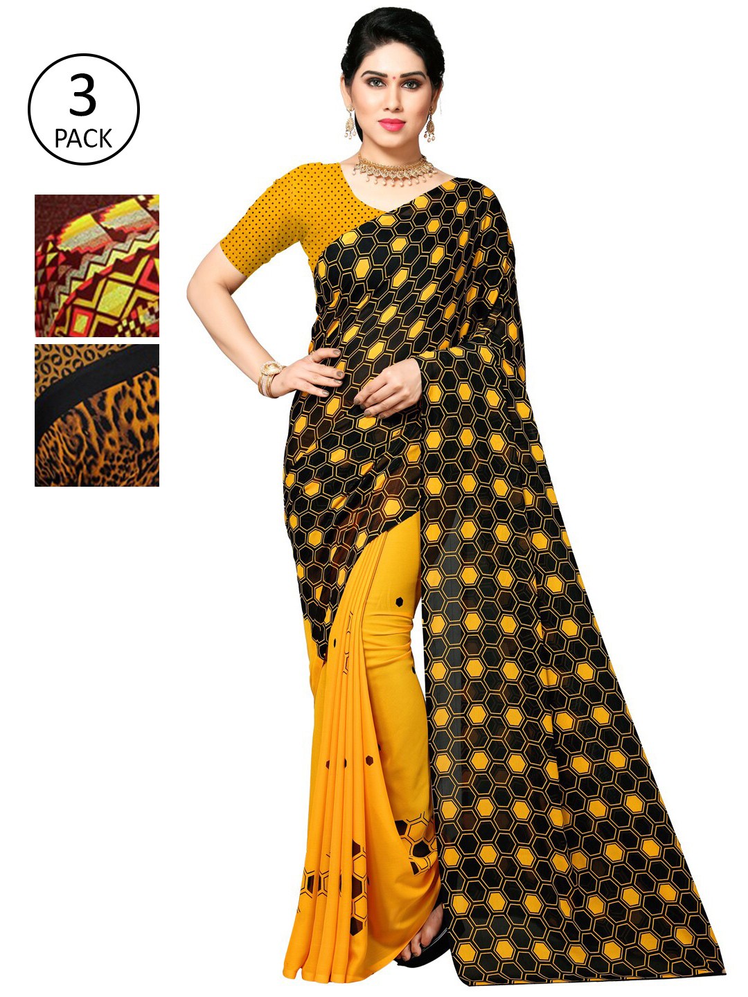 

KALINI Pack Of 3 Black & Yellow Poly Georgette Saree