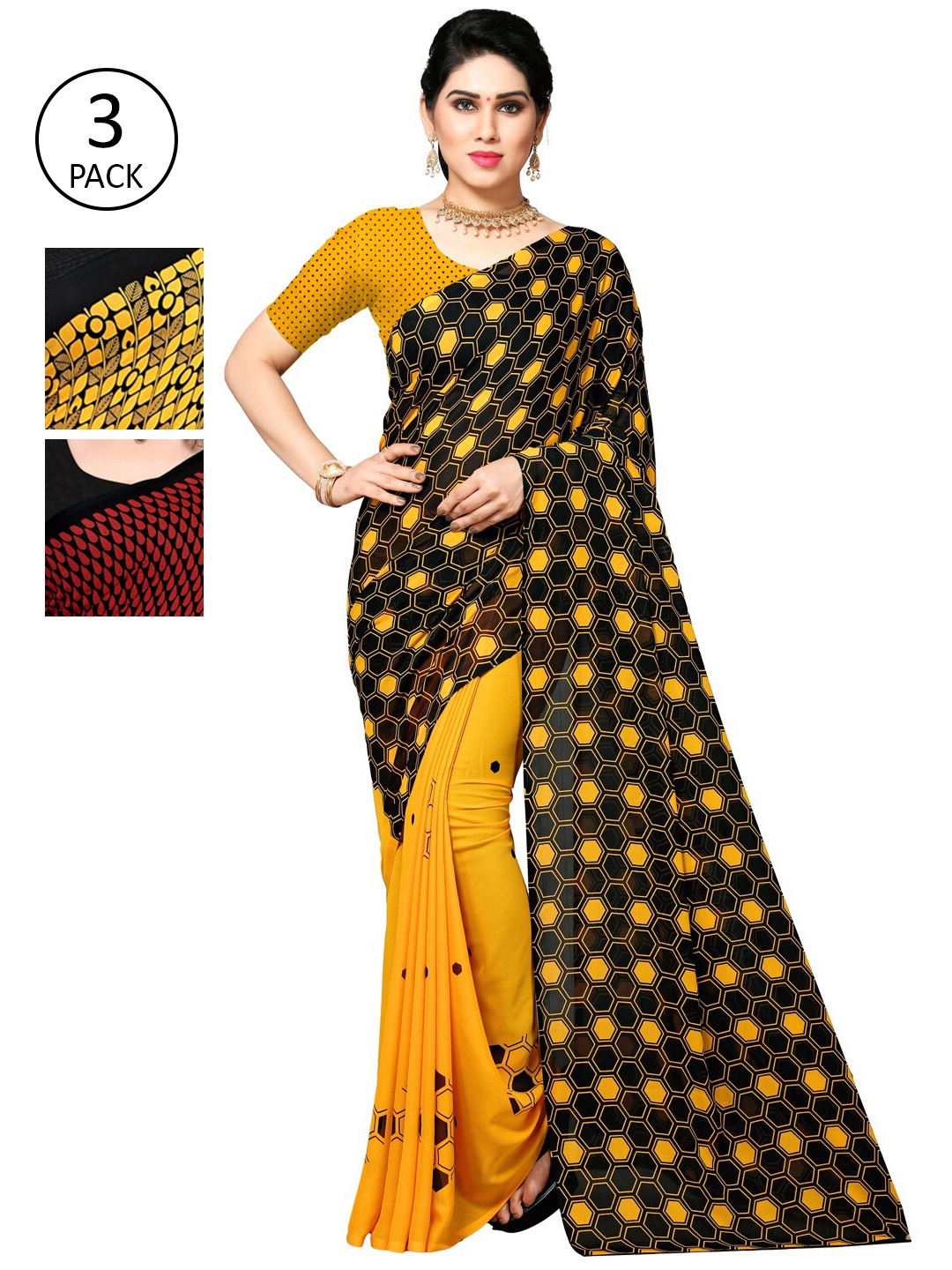 

KALINI Women Pack of 3 Printed Sarees, Yellow