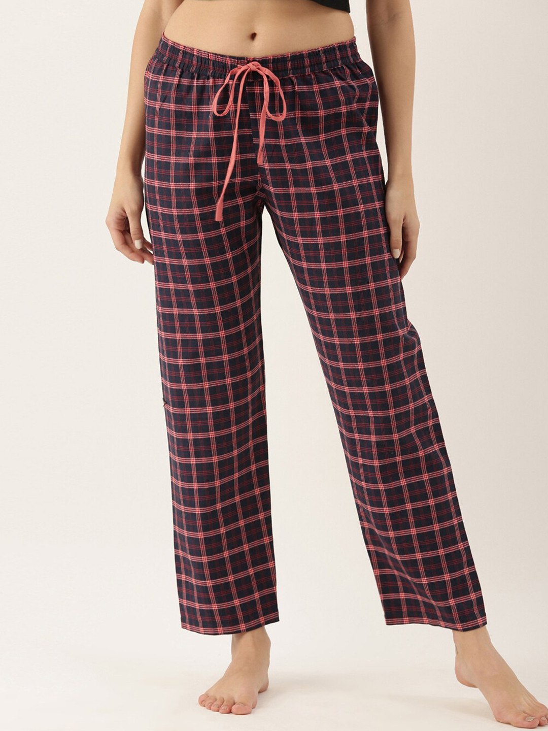 

Bannos Swagger Women Navy Blue & Coral Red Checked Lounge Pants
