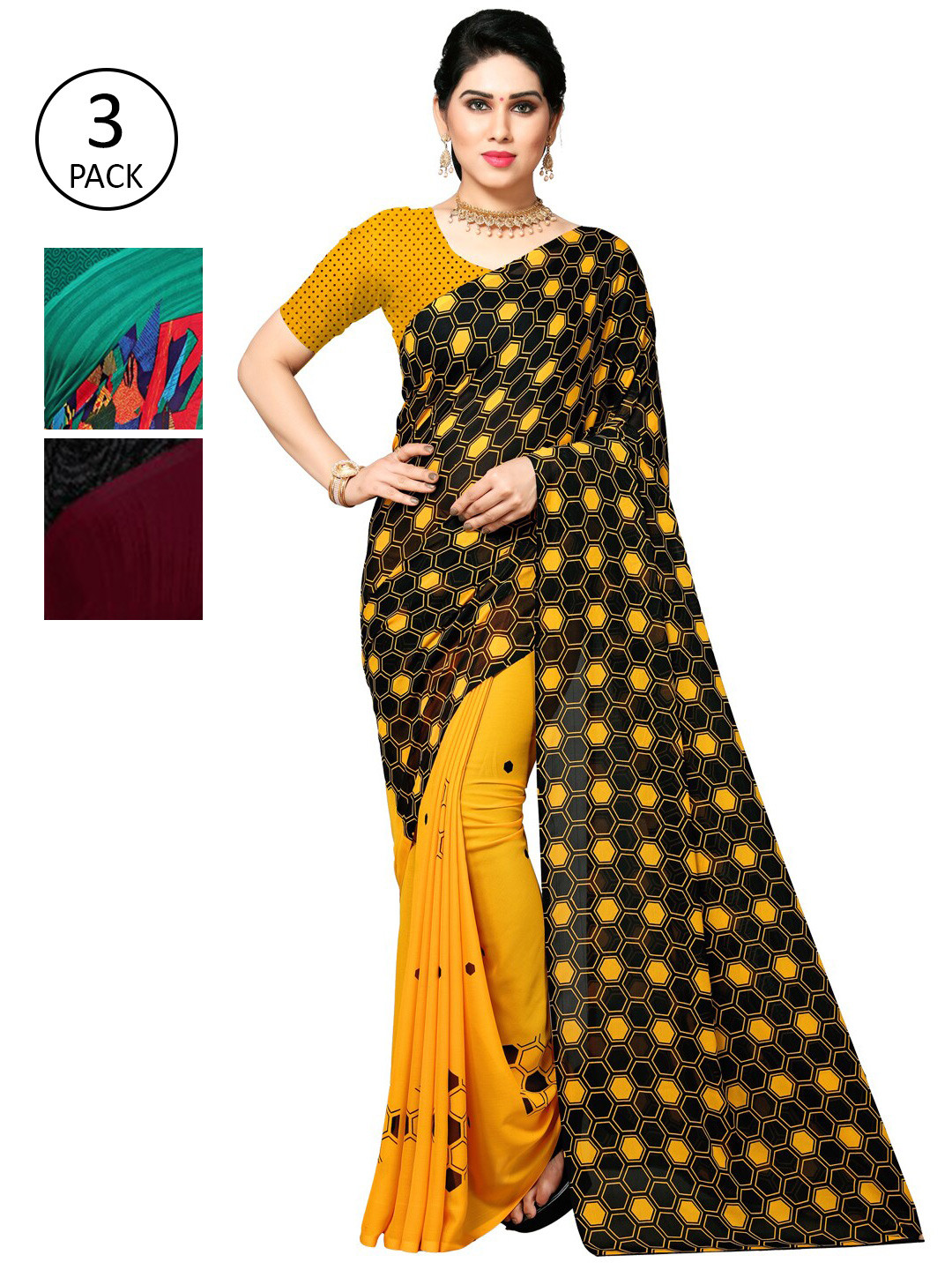 

KALINI Pack of 3 Poly Georgette Sarees, Green