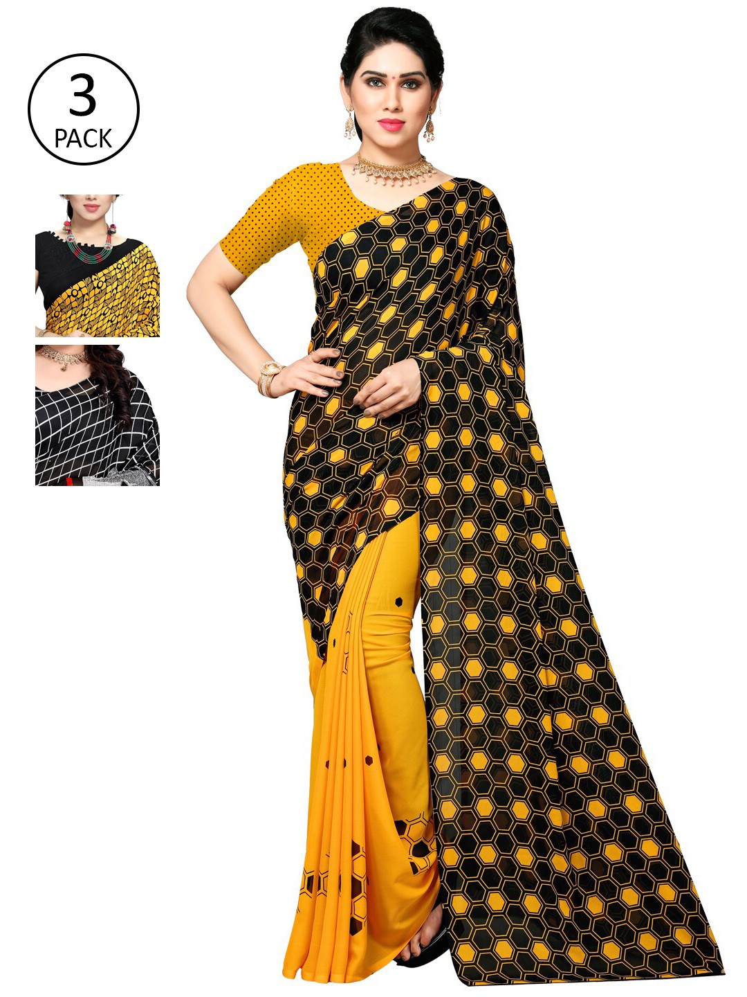 

KALINI Pack of 3 Poly Georgette Sarees, Yellow