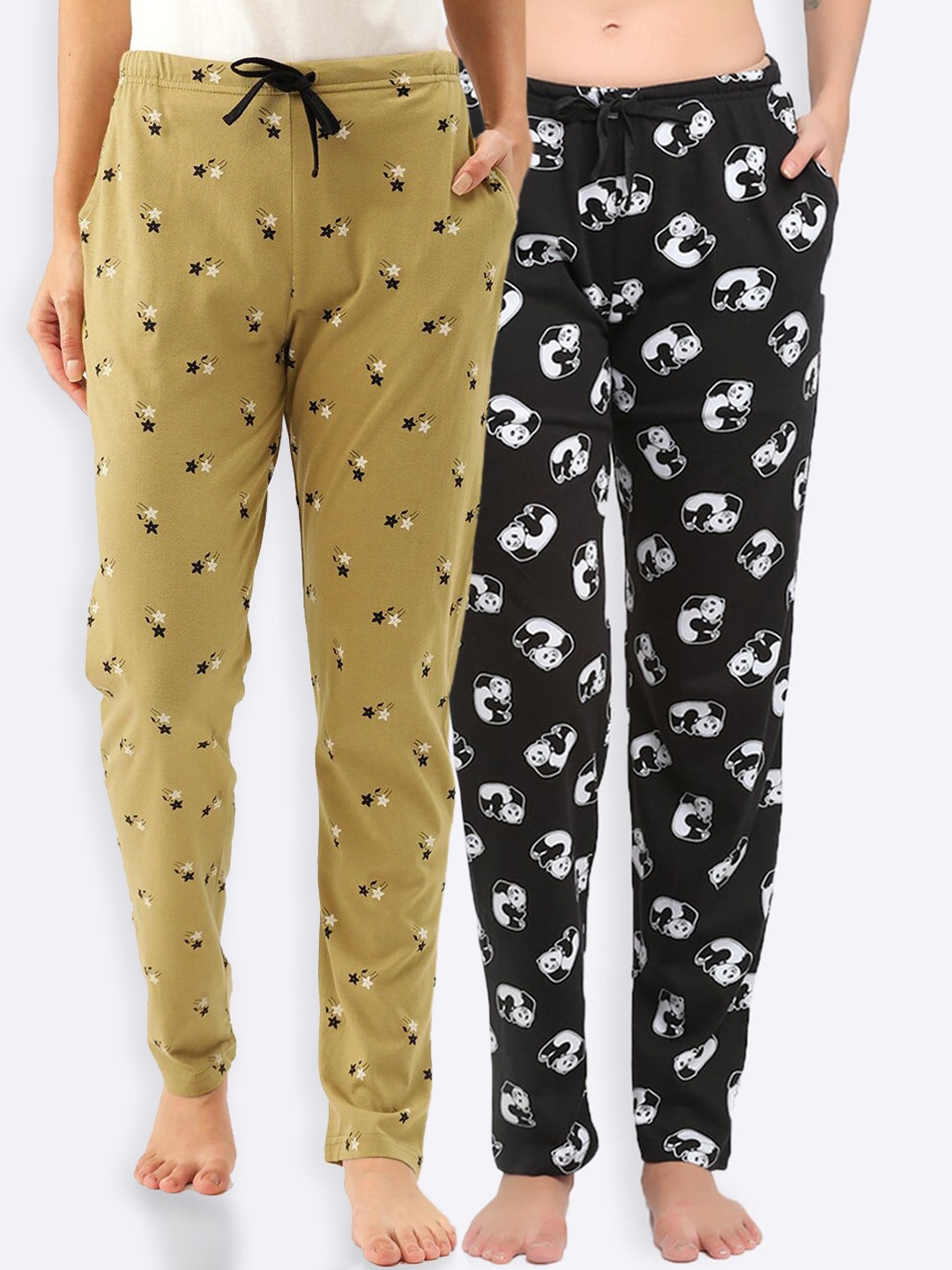 

Kanvin Women Pack Of 2 Printed Pure Cotton Lounge Pants, Black