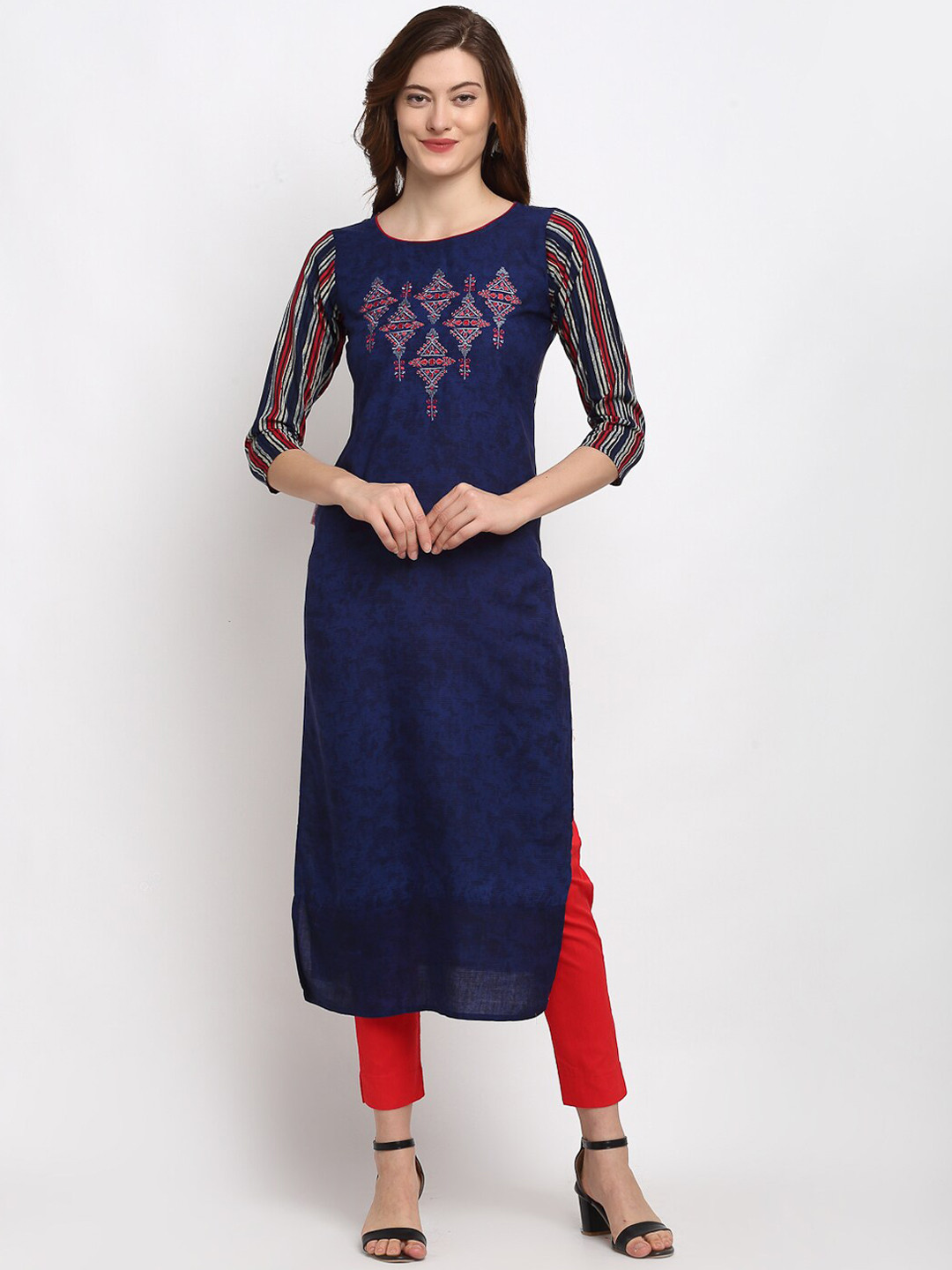 

Lovely Lady Women Navy Blue & Red Ethnic Motifs Embroidered Kurta