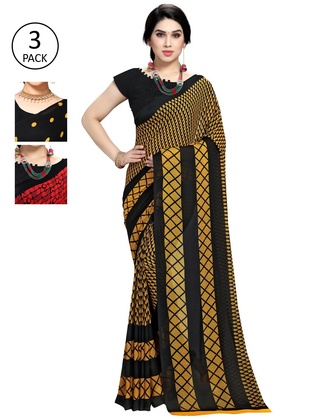 

KALINI Pack Of 3 Multicoloured Poly Georgette Saree, Multi