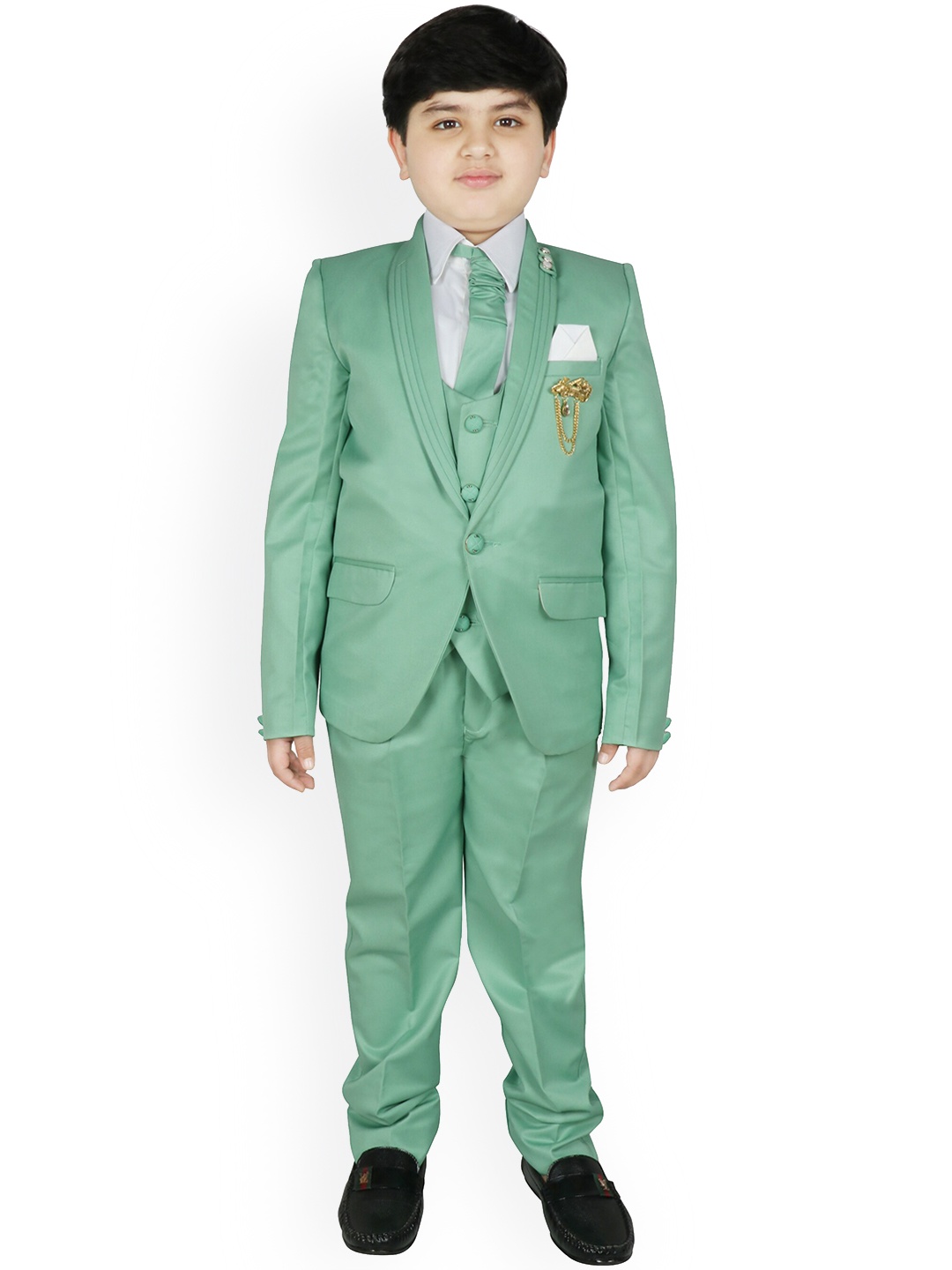 

SG YUVRAJ Boys Green & White Solid 5-Piece Single-Breasted Partywear Suit