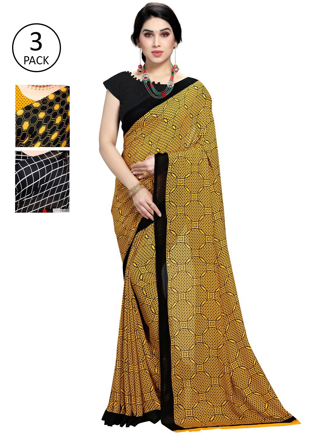 

KALINI Pack of 3 Poly Georgette Sarees, Yellow