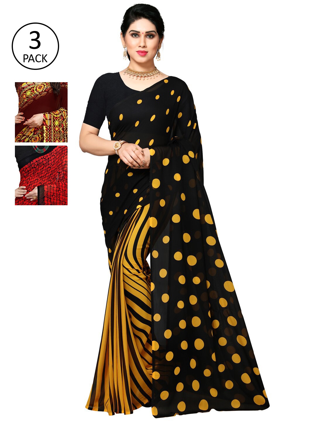 

KALINI Pack of 3 Poly Georgette Printed Sarees, Maroon