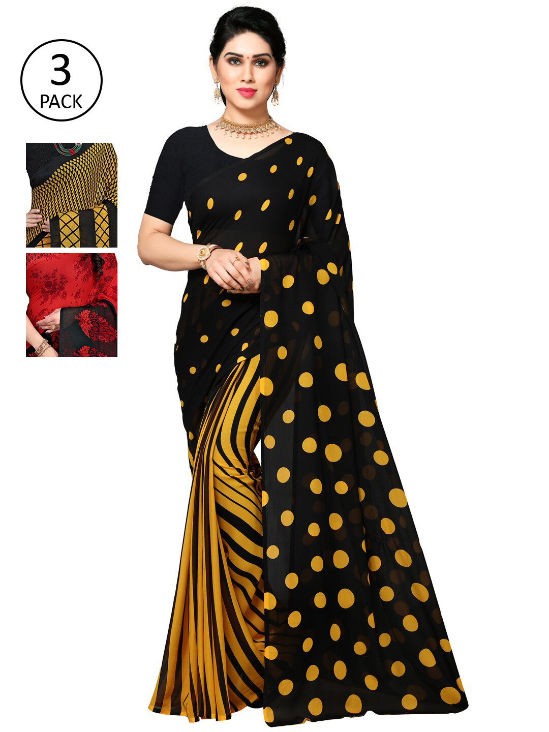 

KALINI Pack Of 3 Multicoloured Poly Georgette Sarees, Multi