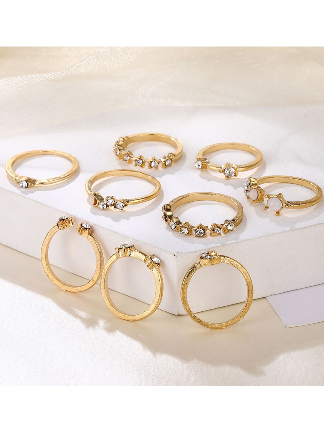 

ToniQ Set Of 9 Gold-Plated Stone Embellished Adjustable Finger Rings