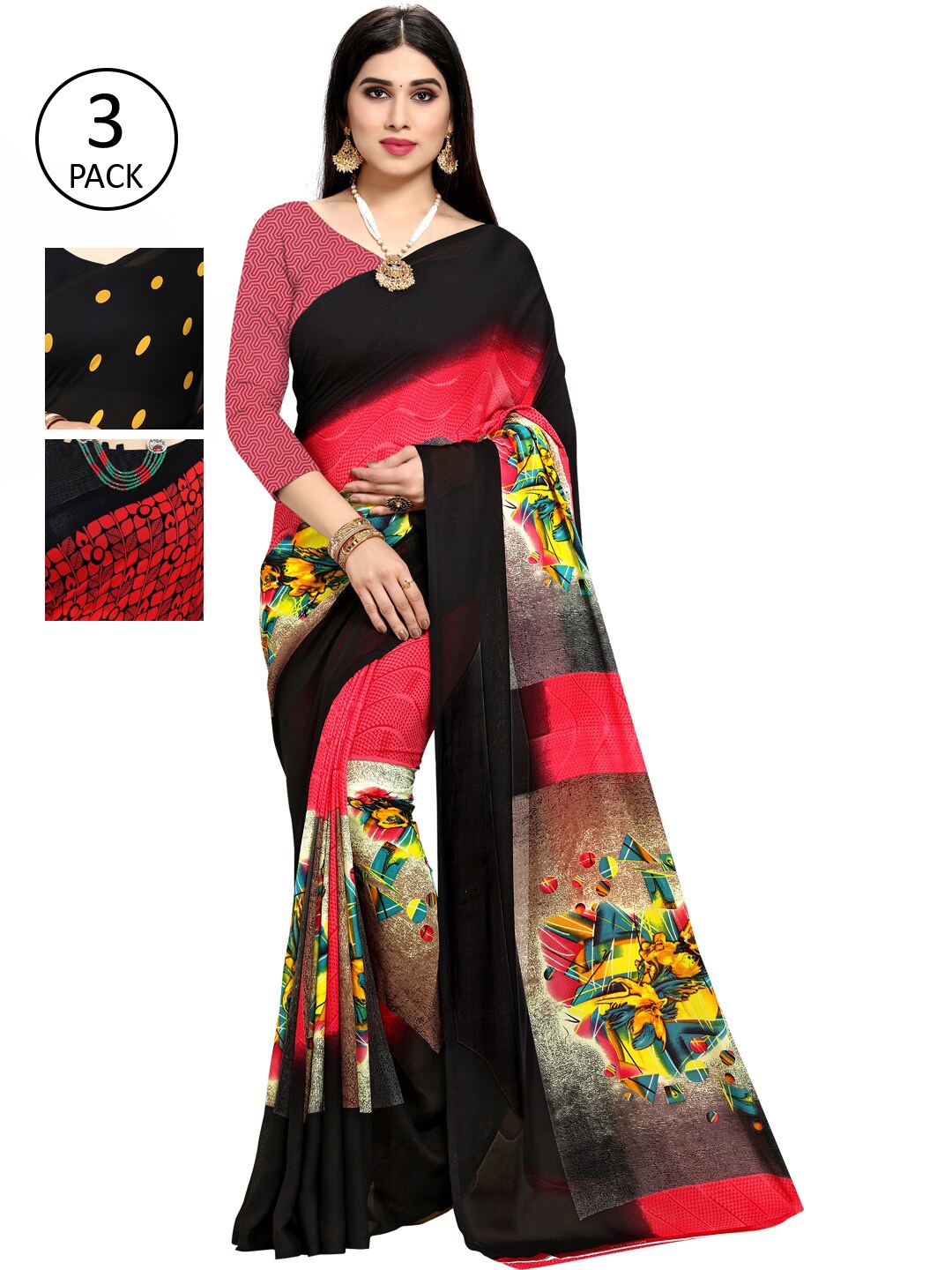 

KALINI Pack of 3 Poly Georgette Printed Sarees, Yellow