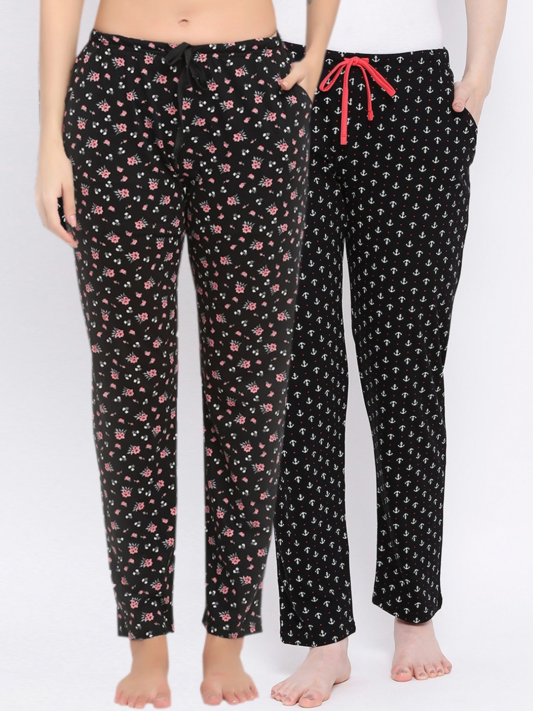 

Kanvin Women Pack Of 2 Printed Pure Cotton Lounge Pants, Black