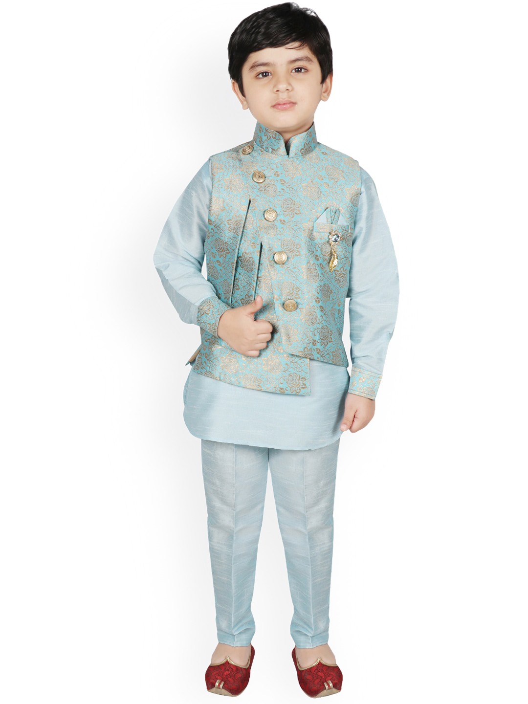 

SG YUVRAJ Boys Turquoise Blue Raw Silk Kurta with Trousers
