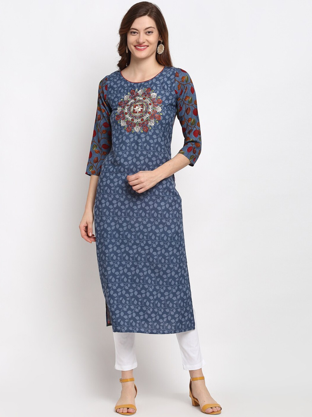 

Lovely Lady Women Grey Thread Work Yoke Design & Printed Straight Kurta