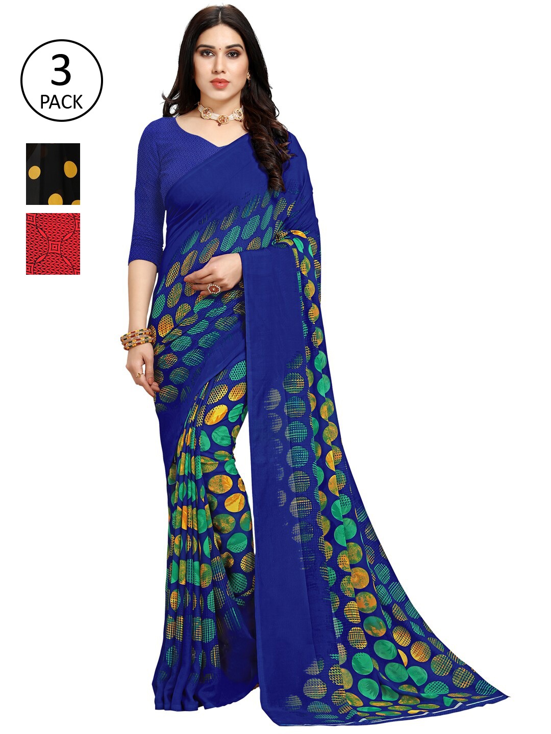 

KALINI Pack of 3 Printed Poly Georgette Saree, Multi