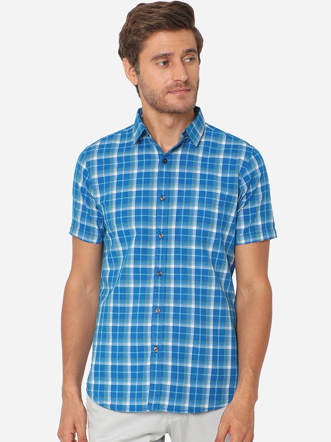 

JADE BLUE Men Blue Slim Fit Checked Pure Cotton Casual Shirt