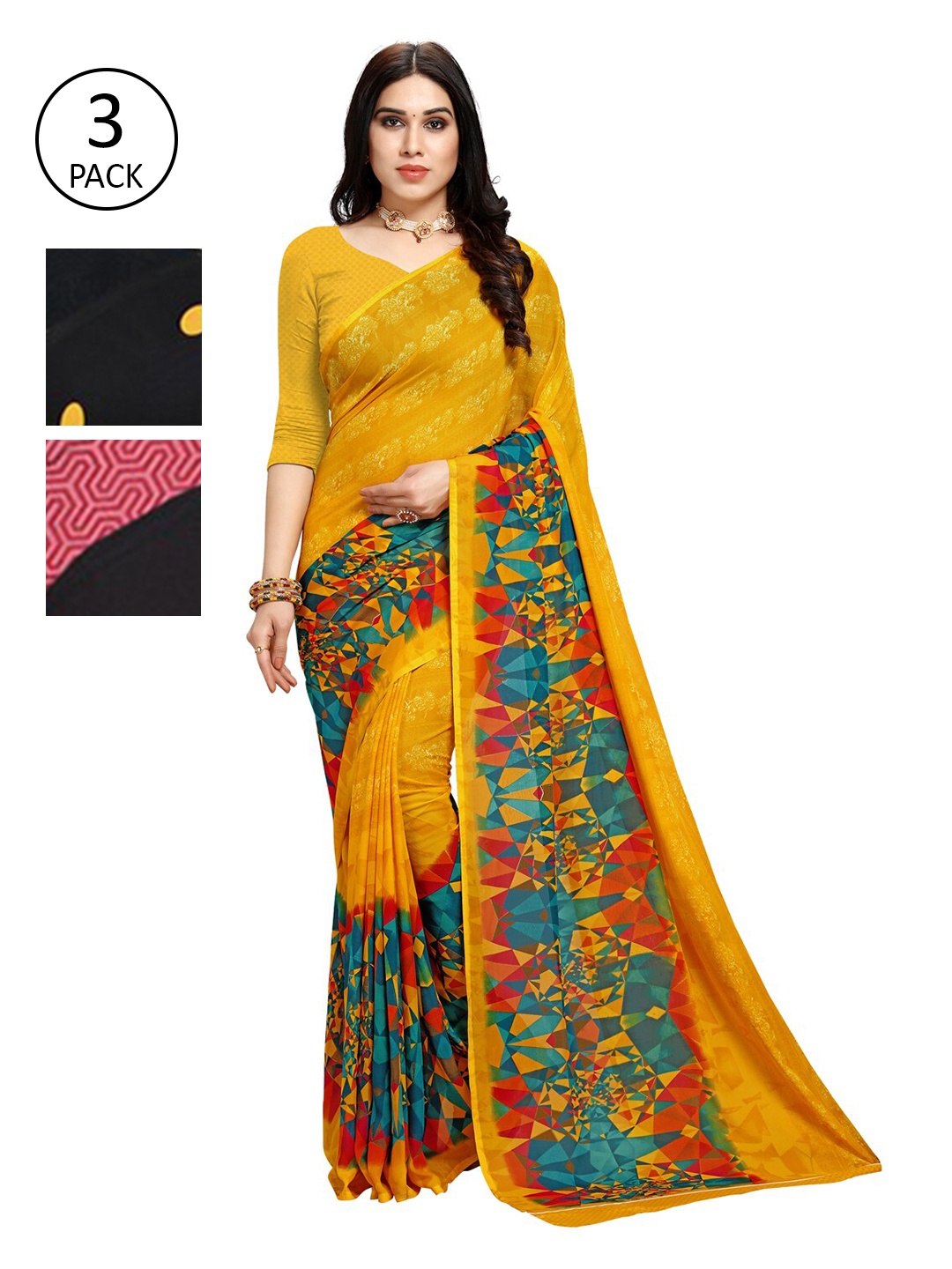 

KALINI Black & Yellow Floral Pack of 3 Saree