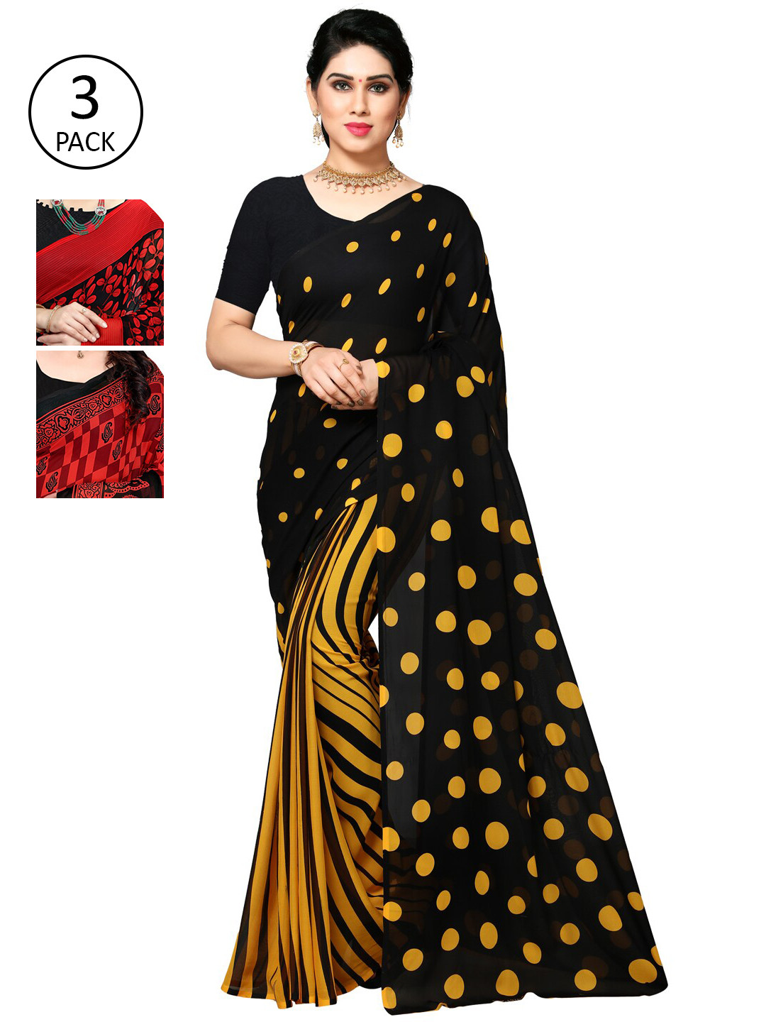 

KALINI Women Pack of 3 Printed Sarees, Red