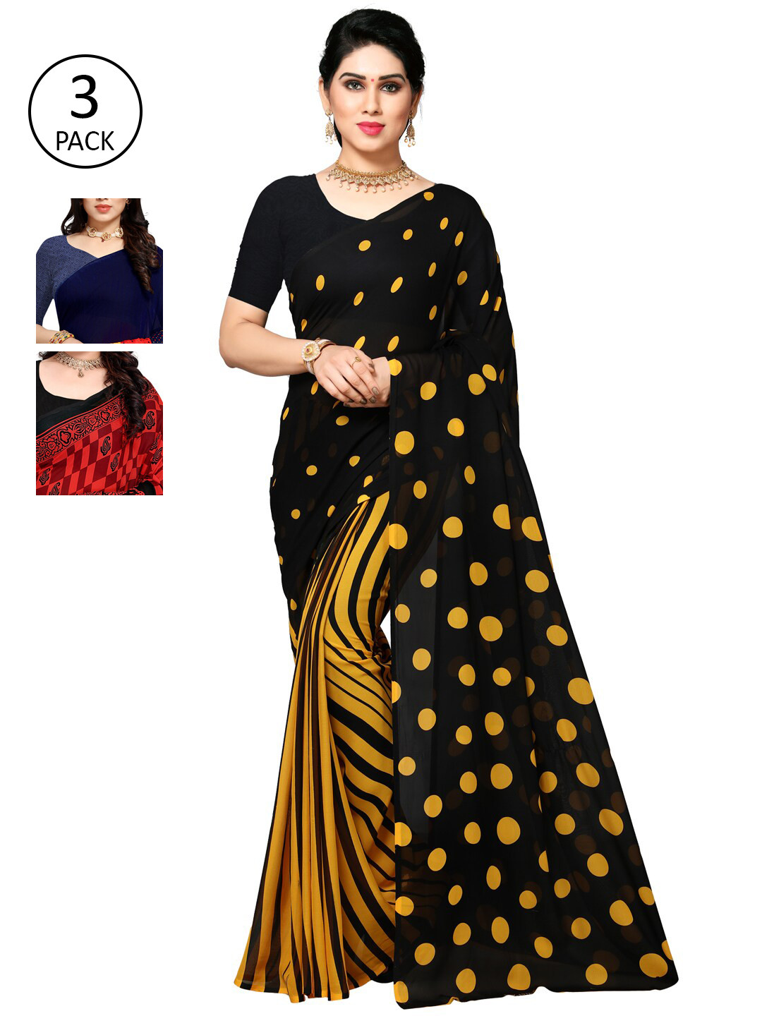 

KALINI Pack Of 3 Yellow & Black Saree
