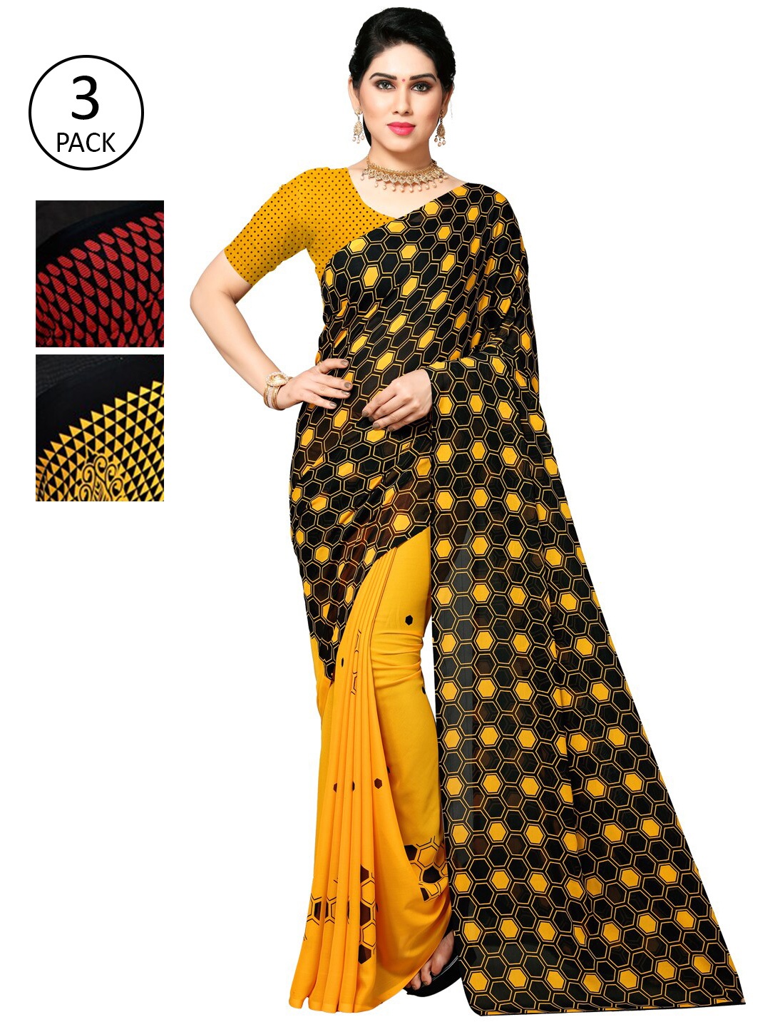 

KALINI Red & Yellow Batik Pack of 3 Saree