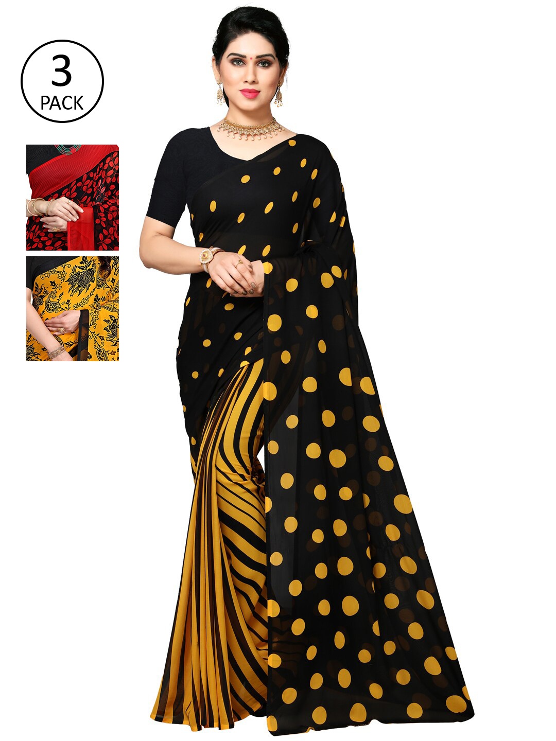 

KALINI Pack of 3 Poly Georgette Sarees, Yellow
