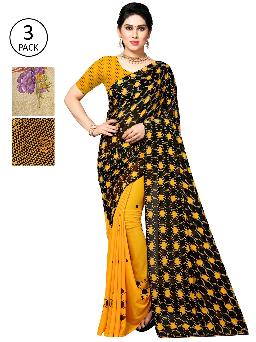 

KALINI Pack of 3 Poly Georgette Sarees, Yellow