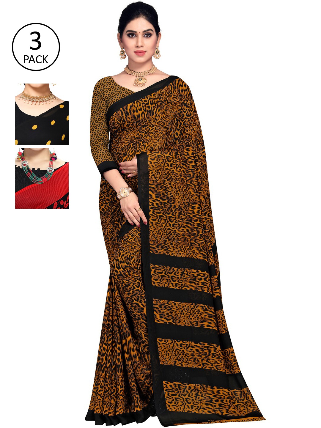 

KALINI Women Pack of 3 Printed Poly Georgette Sarees, Yellow