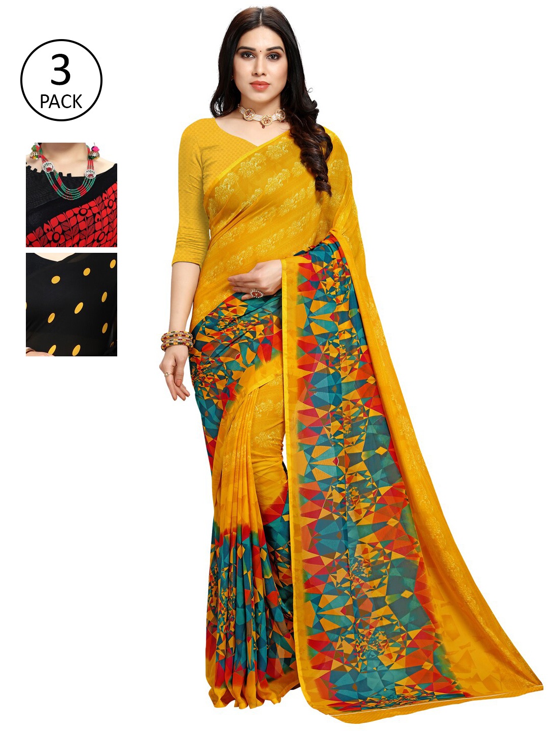 

KALINI Pack of 3 Poly Georgette Sarees, Yellow