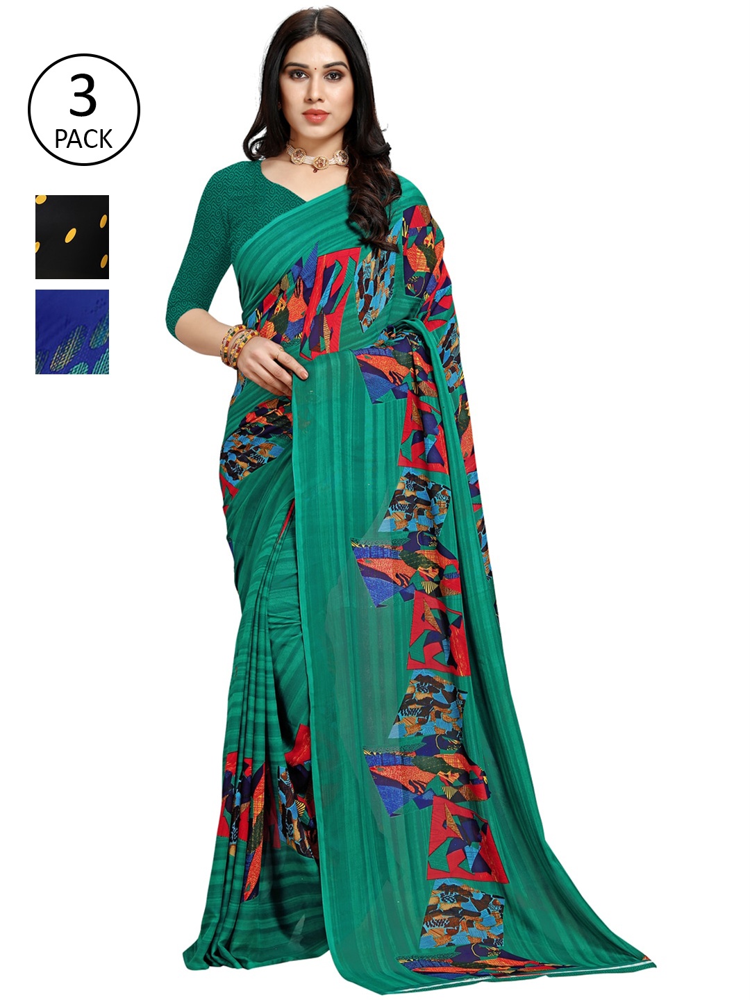 

KALINI Pack of 3 Poly Georgette Sarees, Blue