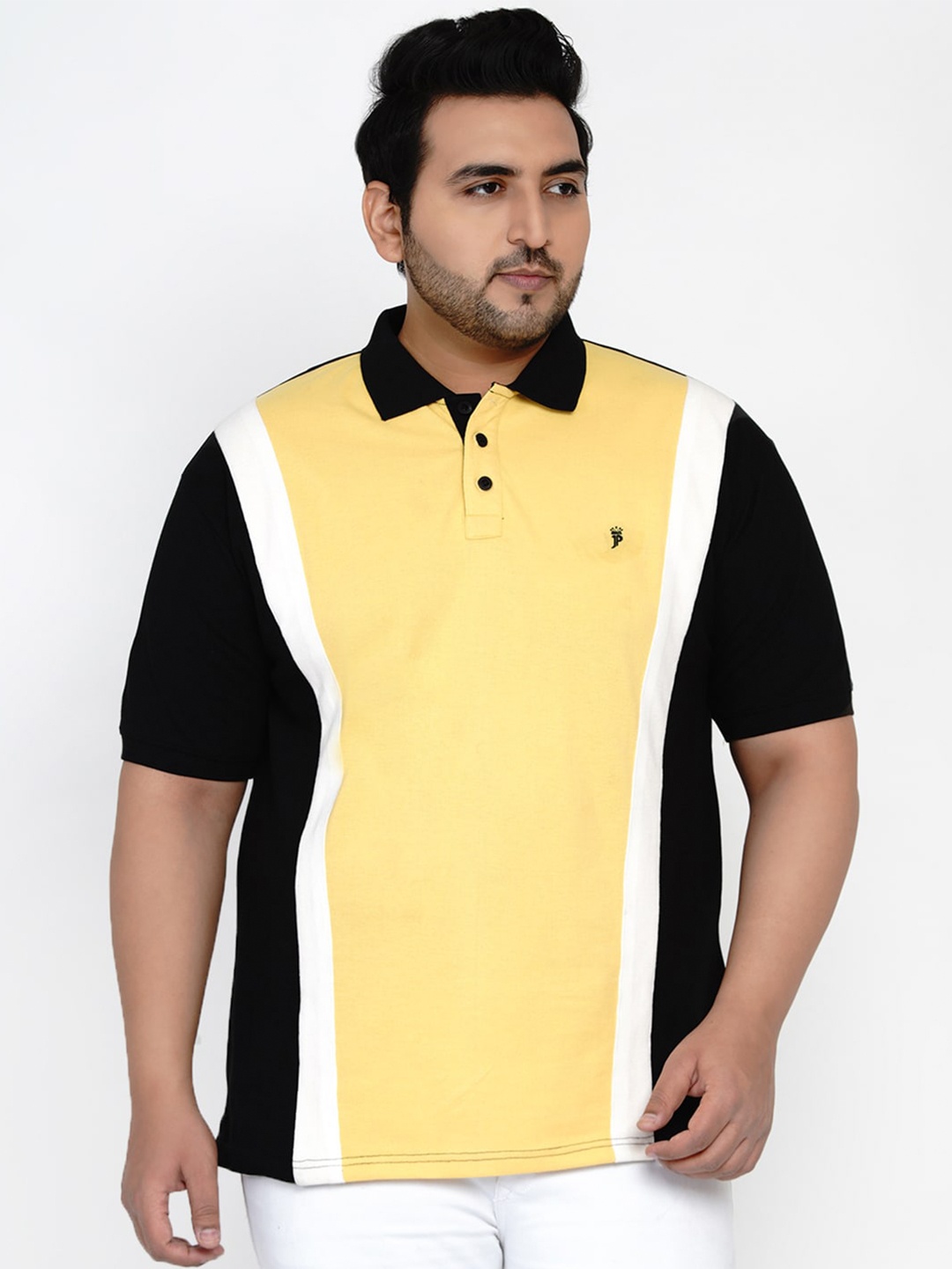

John Pride Men Yellow Colourblocked Plus Size Polo Collar T-shirt