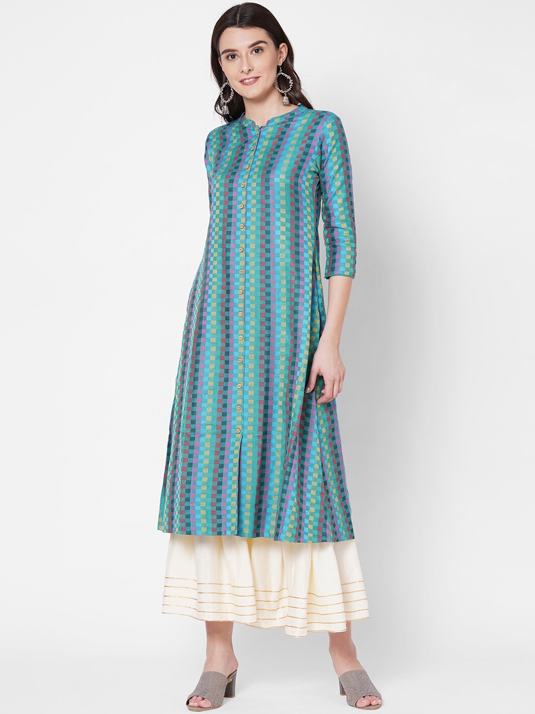

FASHOR Women Checkered A-line Kurta, Turquoise blue