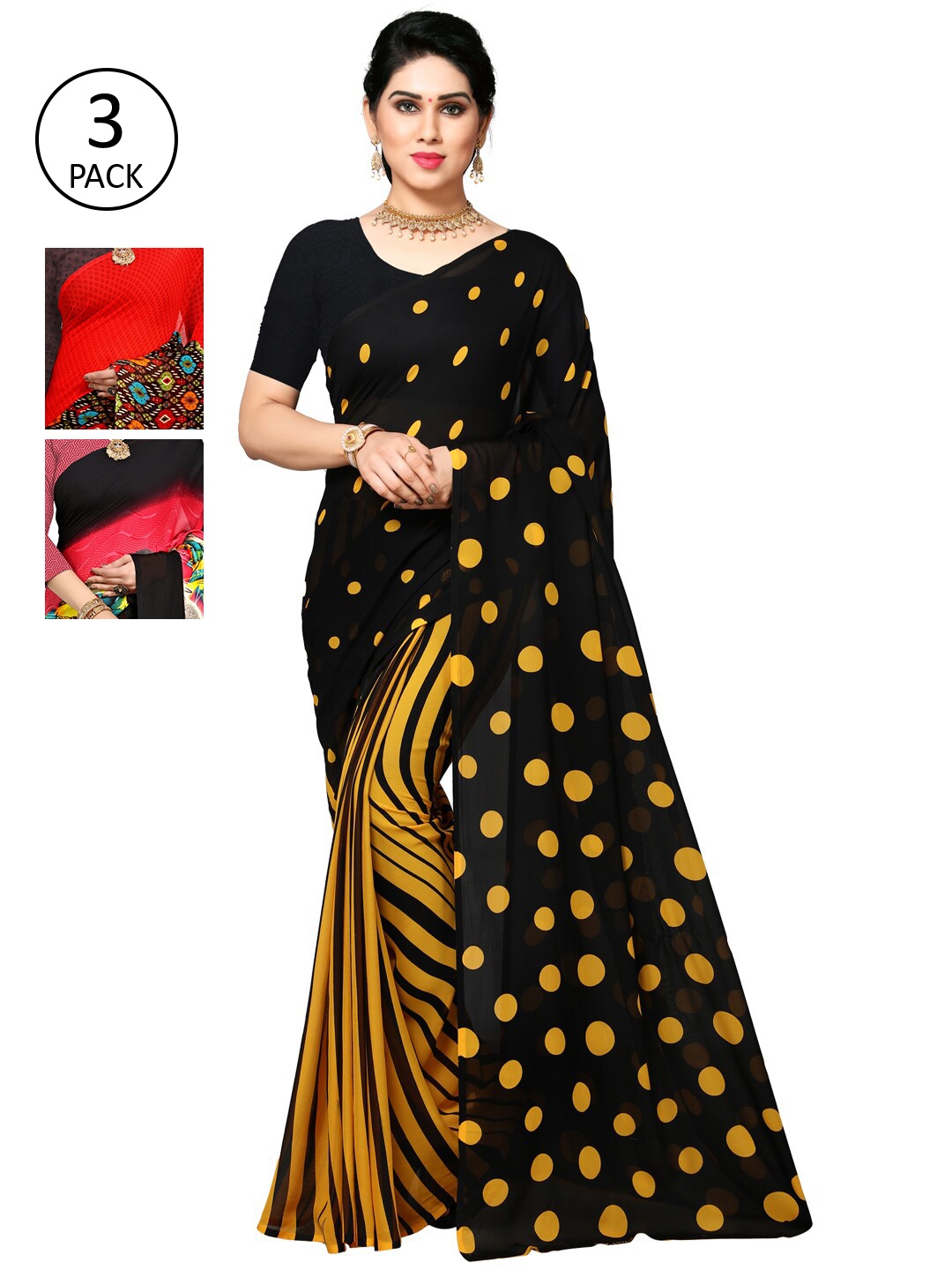 

KALINI Pack Of 3 Printed Sarees, Yellow