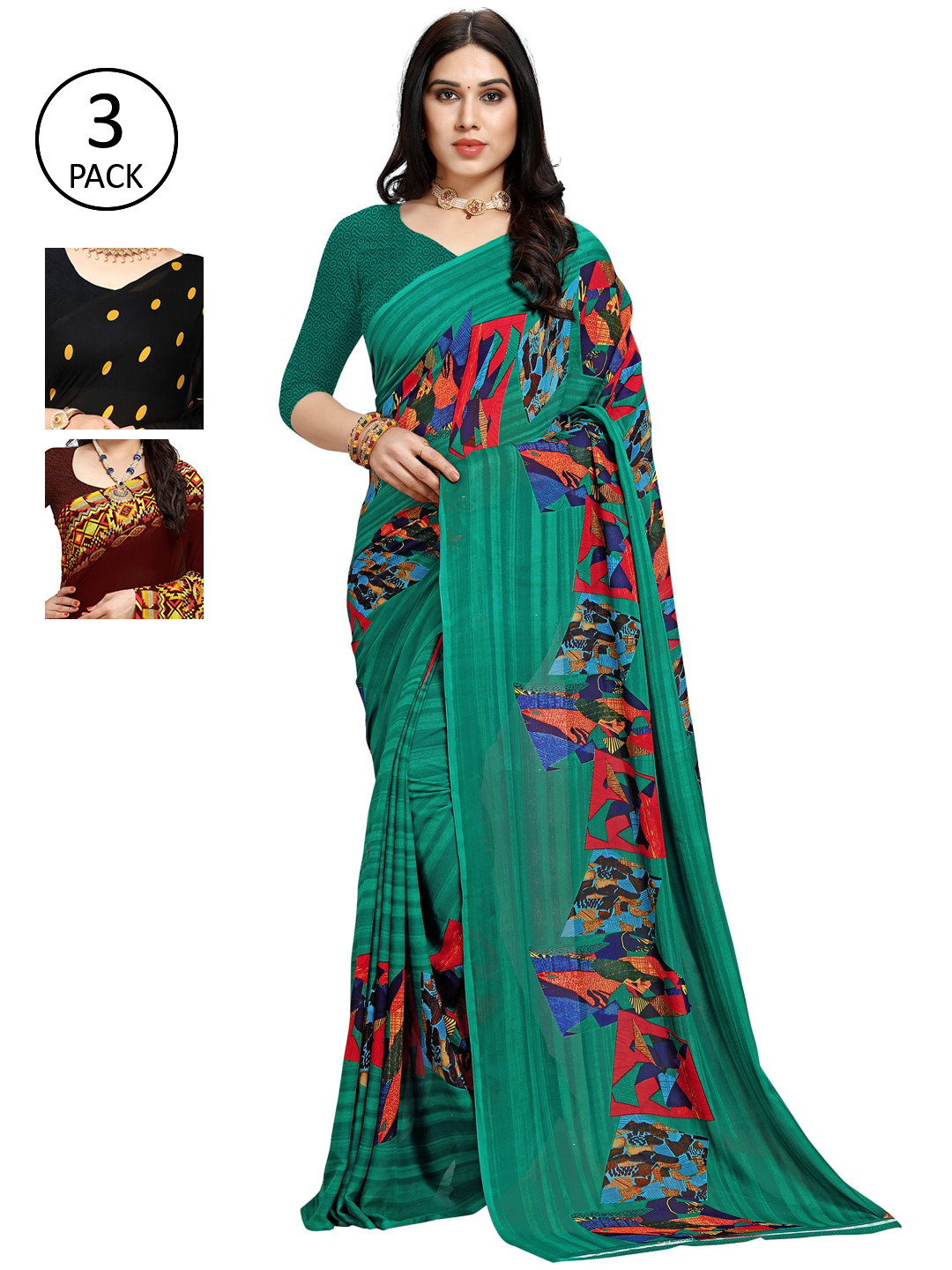 

KALINI Multicoloured Pack of 3 Printed Poly Georgette Saree, Multi