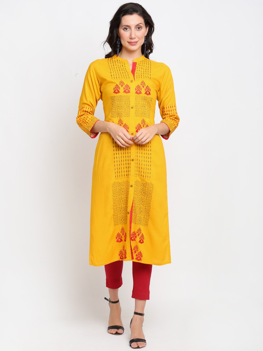 

Lovely Lady Women Mustard Ethnic Motif Embroidered Straight Kurta
