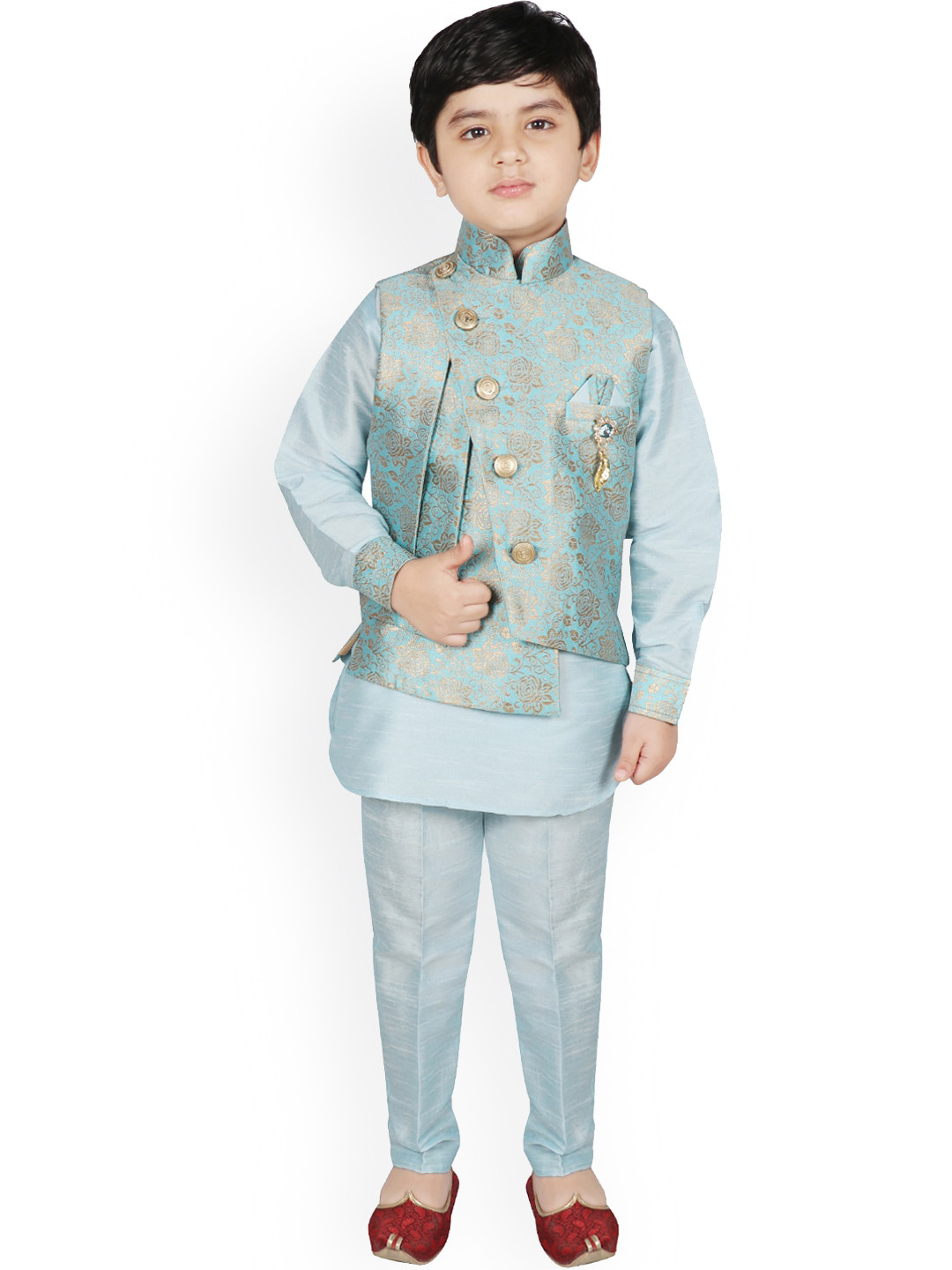 

SG YUVRAJ Boys Turquoise Blue Raw Silk Kurta with Trousers