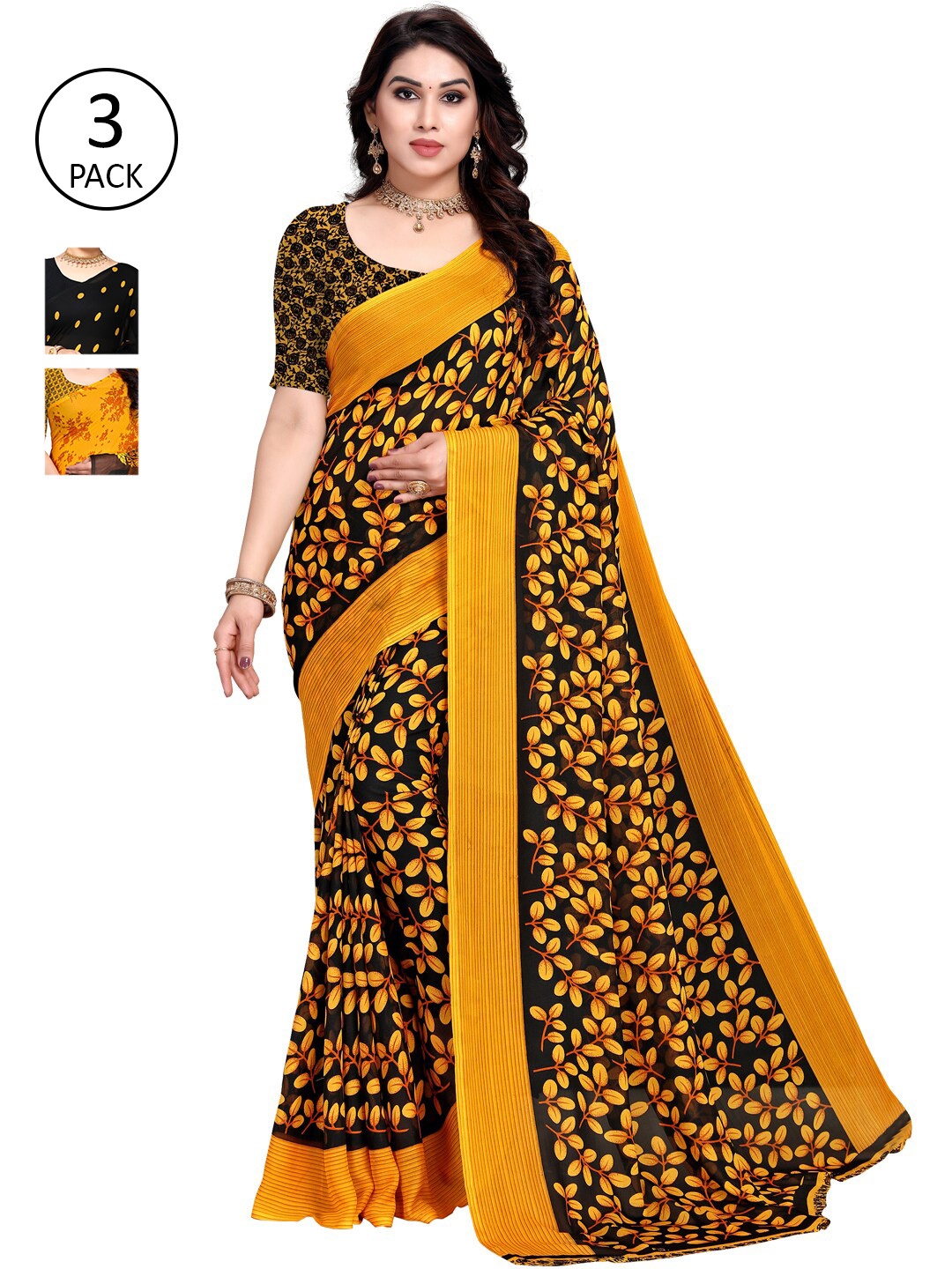 

KALINI Pack of 3 Poly Georgette Printed Sarees, Mustard