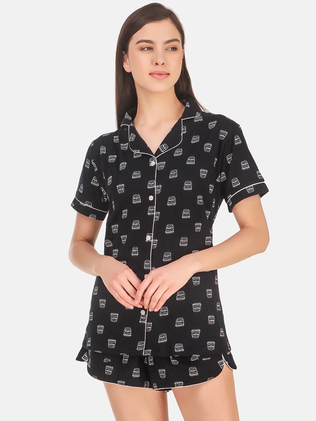 

Masha Women Navy Blue & White Printed Cotton Night suit